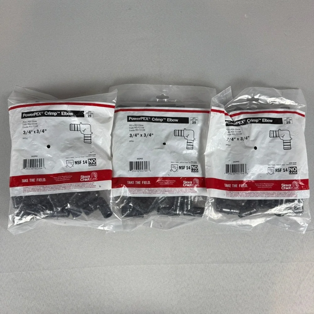 Lot of 3 - Sioux Chief 642PX3 25pcs PowerPEX 3/4 x 3/4 Polymer Crimp Elbows New